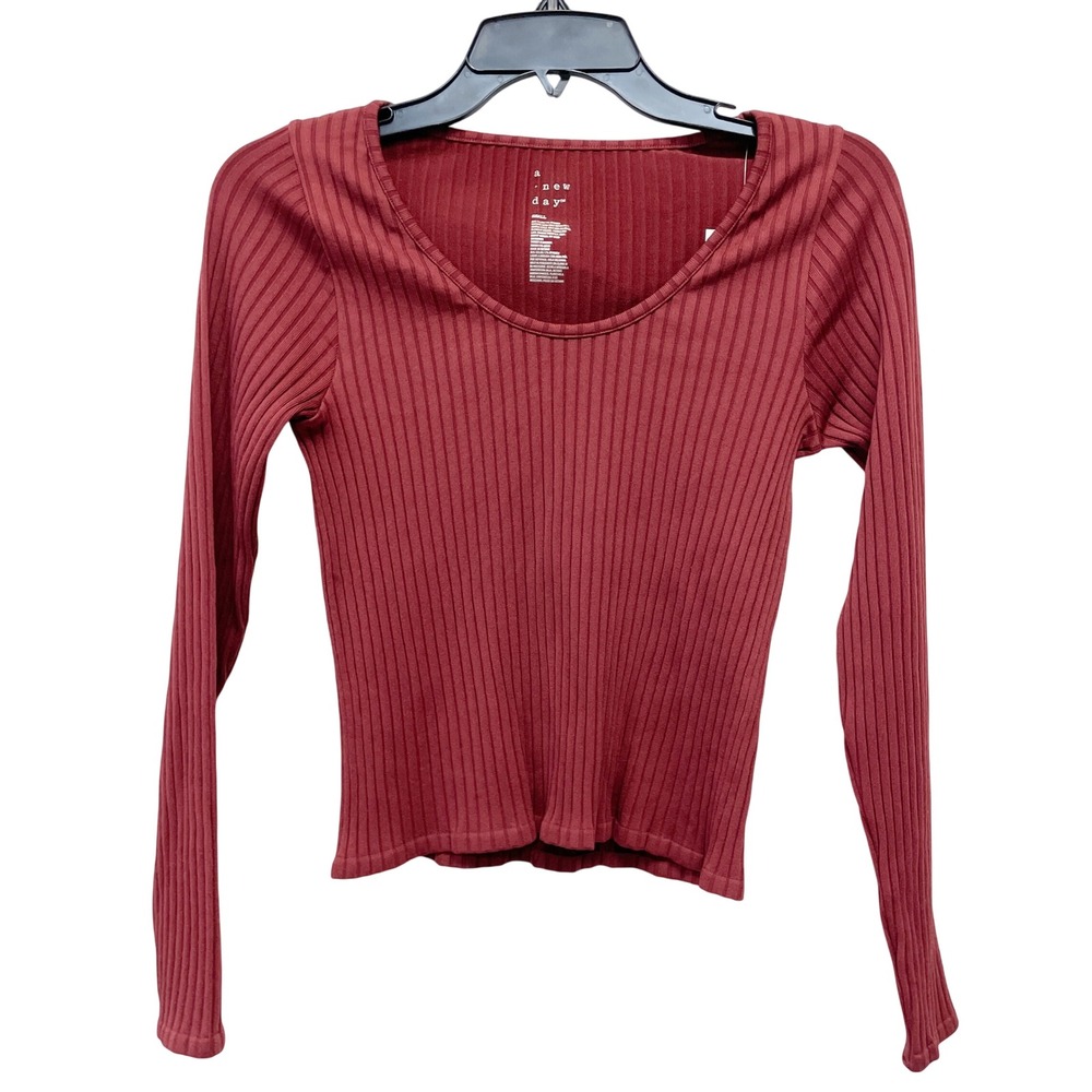 A New Day Women's Burgundy Ribbed Scoop Neck Long Sleeve Top Size Small